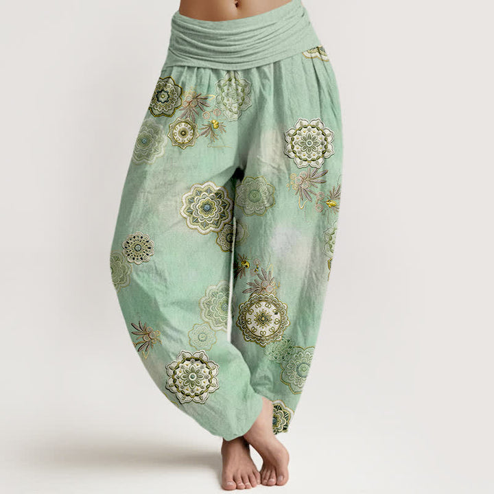 Buddha Stones Pure Cotton Mandala Floral Leaves Pattern Women's Elastic Waist Harem Pants - MediumSpringGreen - US16，UK/AU20，EU48 (3XL) - image 0
