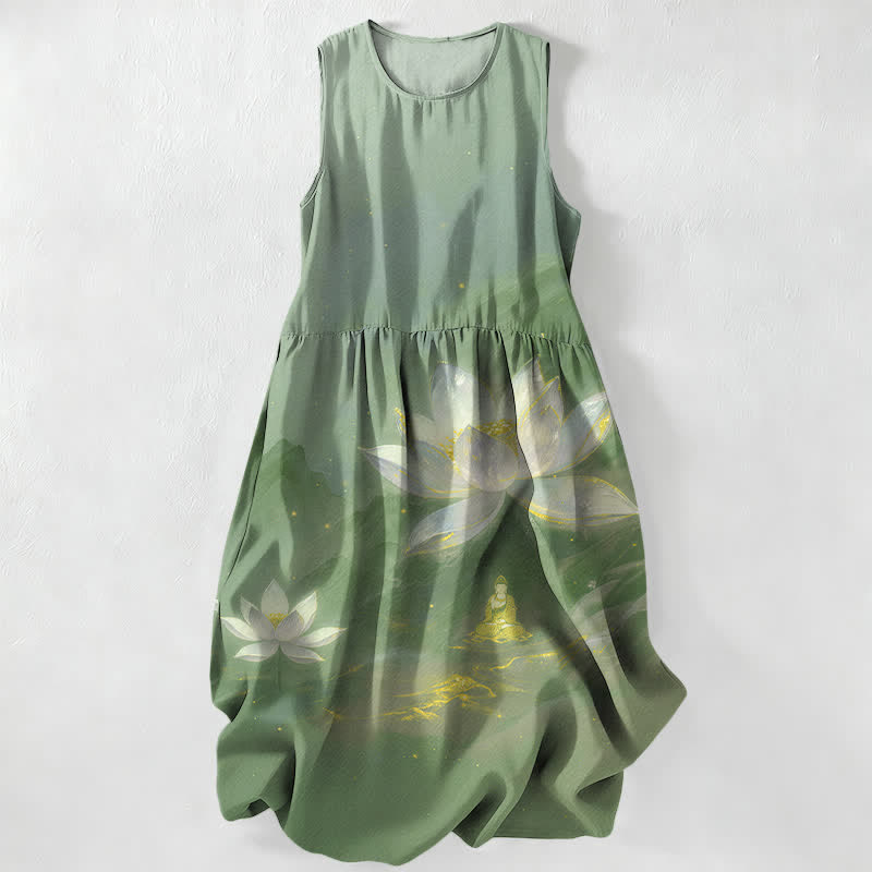 Buddha Stones Summer Casual Lotus Buddha Gold Accent Pattern Women's Summer Sleeveless Midi Dress With Pockets - DarkSeaGreen - US16，UK/AU20，EU48 (3XL) - image 5