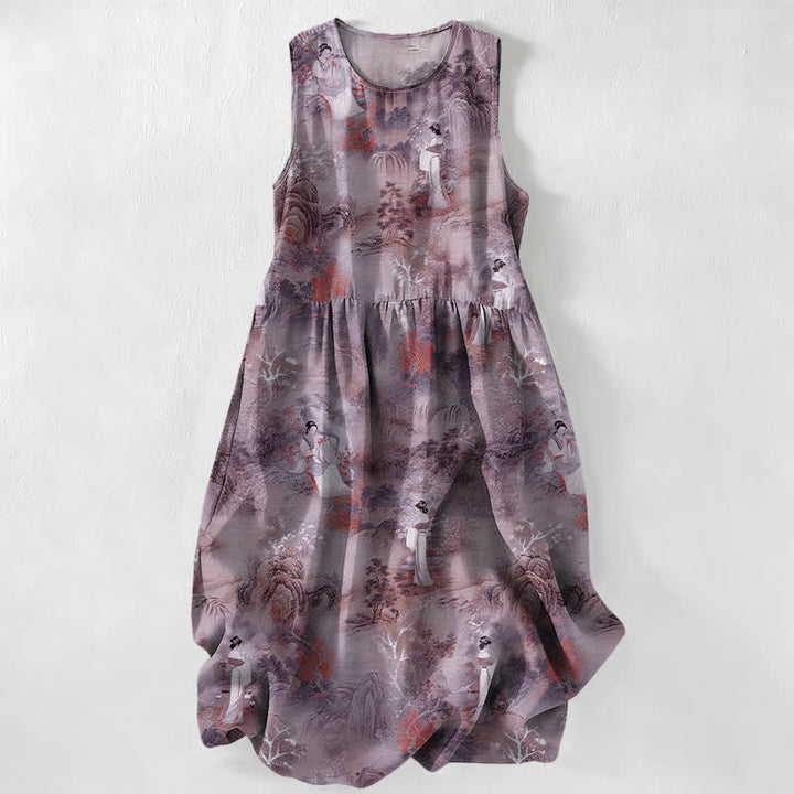 Buddha Stones Summer Casual Oriental Ladies Landscape Pattern Women's Summer Sleeveless Midi Dress With Pockets - Thistle - US16，UK/AU20，EU48 (3XL) - image 4