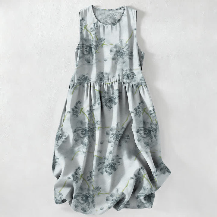 Buddha Stones Summer Casual Floral Botanical Pattern Women's Summer Sleeveless Midi Dress With Pockets - LightBlue - US16，UK/AU20，EU48 (3XL) - image 0