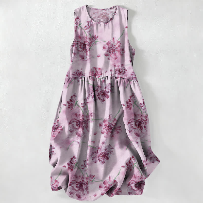 Buddha Stones Summer Casual Floral Botanical Pattern Women's Summer Sleeveless Midi Dress With Pockets - Plum - US16，UK/AU20，EU48 (3XL) - image 4