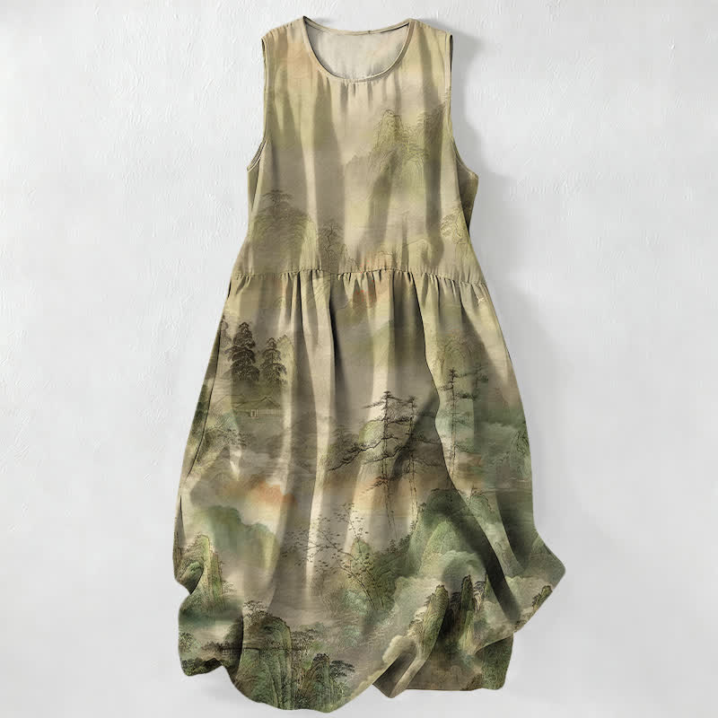 Buddha Stones Summer Casual Ink Landscape Pattern Women's Summer Sleeveless Midi Dress With Pockets - Khaki - US16，UK/AU20，EU48 (3XL) - image 0