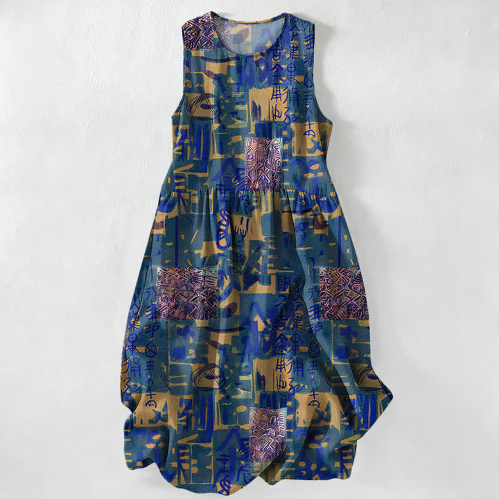 Buddha Stones Summer Casual Abstract Patchwork Geometric Pattern Women's Summer Sleeveless Midi Dress With Pockets - RoyalBlue - US16，UK/AU20，EU48 (3XL) - image 4