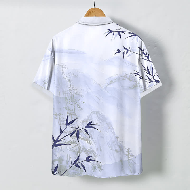 Buddha Stones Ink Landscape Bamboo Pattern Buttons Breathable Men's Short Sleeve Shirt - image 4