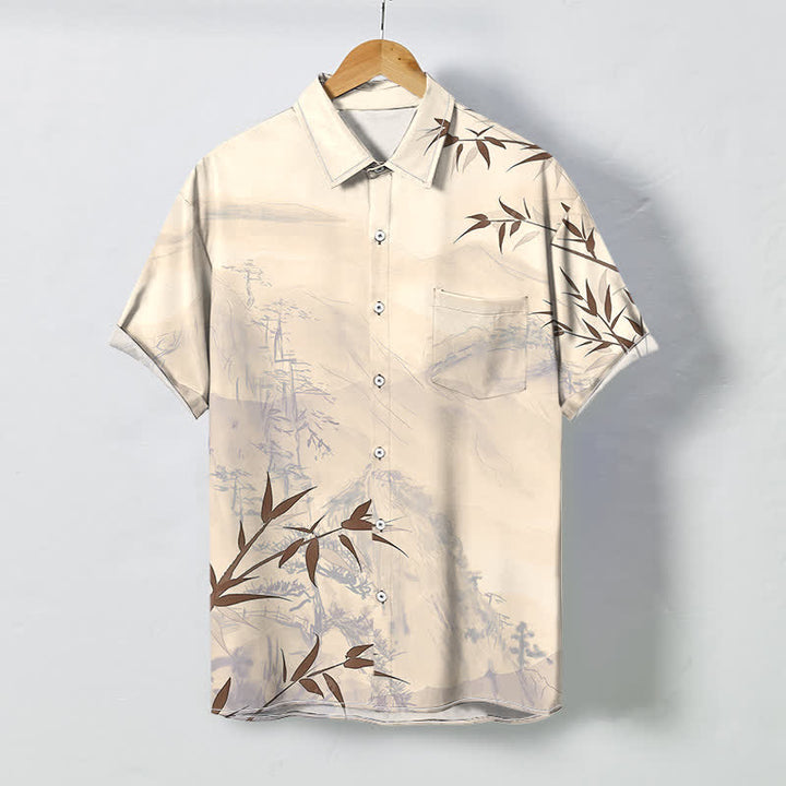 Buddha Stones Ink Landscape Bamboo Pattern Buttons Breathable Men's Short Sleeve Shirt - Linen - US/UK/AU48，EU58 (4XL) - image 6
