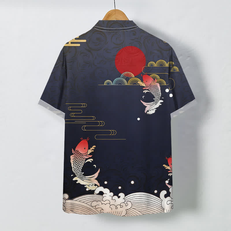 Buddha Stones Red Koi Fish Wave Red Sun Pattern Buttons Breathable Men's Short Sleeve Shirt - image 1