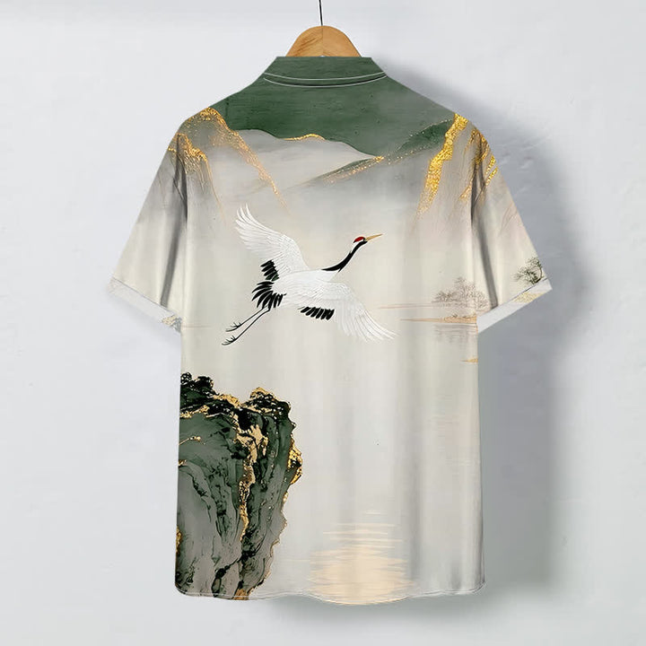Buddha Stones Ink Crane Mountain Pattern Buttons Wrinkle-resistant Men's Short Sleeve Shirt - image 4