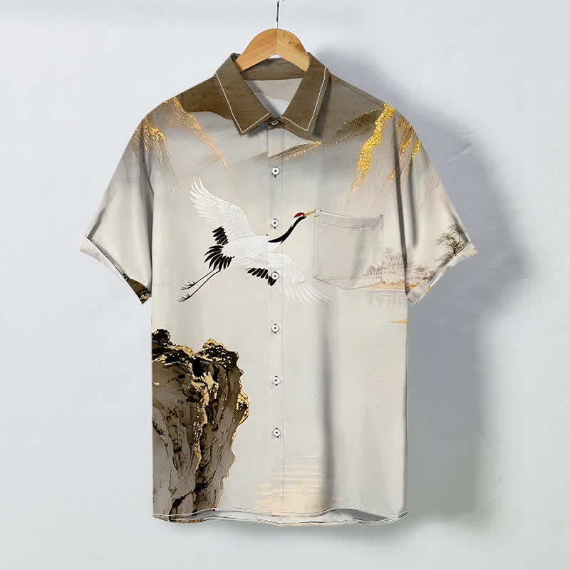 Buddha Stones Ink Crane Mountain Pattern Buttons Wrinkle-resistant Men's Short Sleeve Shirt - Sienna - US/UK/AU48，EU58 (4XL) - image 6