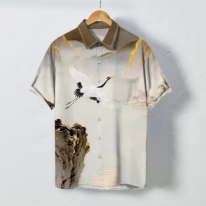 Buddha Stones Ink Crane Mountain Pattern Buttons Wrinkle-resistant Men's Short Sleeve Shirt - Sienna - US/UK/AU48，EU58 (4XL) - image 6