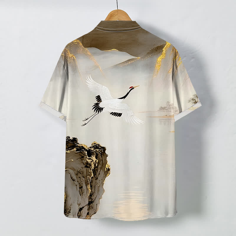 Buddha Stones Ink Crane Mountain Pattern Buttons Wrinkle-resistant Men's Short Sleeve Shirt - image 7