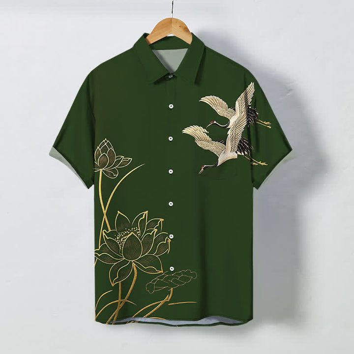Buddha Stones Crane Lotus Pattern Buttons Breathable Men's Short Sleeve Shirt - ForestGreen - US/UK/AU48，EU58 (4XL) - image 10