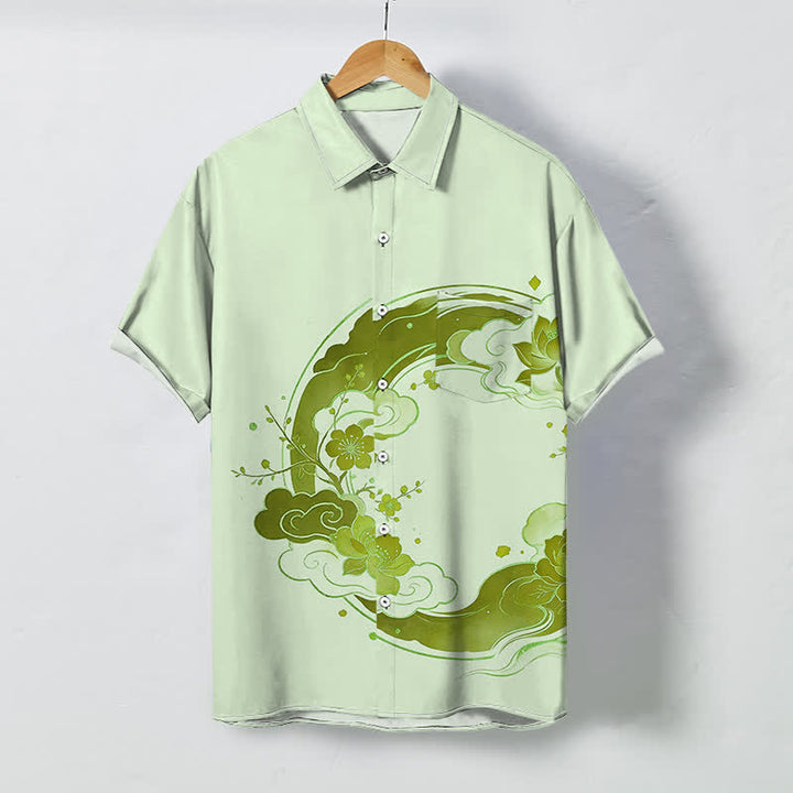 Buddha Stones Oriental Floral Lotus Peach Blossoms Cloud Pattern Buttons Breathable Men's Short Sleeve Shirt - Honeydew - US/UK/AU48，EU58 (4XL) - image 6