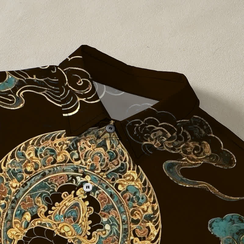 Buddha Stones Golden Buddha Cloud Pattern Buttons Wrinkle-resistant Men's Short Sleeve Shirt - image 2