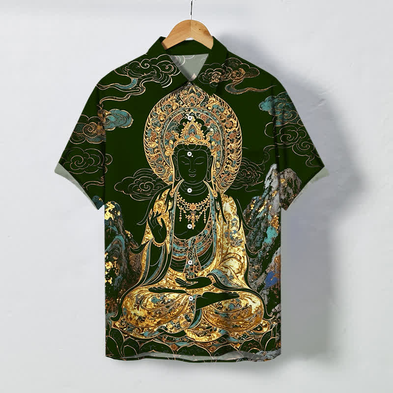 Buddha Stones Golden Buddha Cloud Pattern Buttons Wrinkle-resistant Men's Short Sleeve Shirt - DarkGreen - US/UK/AU48，EU58 (4XL) - image 5