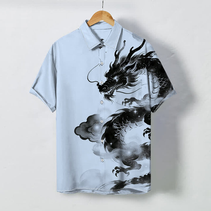 Buddha Stones Ink Dragon Cloud Pattern Buttons Wrinkle-resistant Men's Short Sleeve Shirt - LightBlue - US/UK/AU48，EU58 (4XL) - image 0