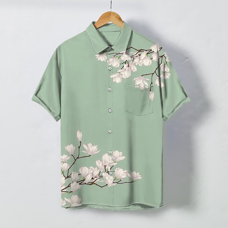 Buddha Stones White Magnolia Floral Pattern Buttons Wrinkle-resistant Men's Short Sleeve Shirt - LightGreen - US/UK/AU48，EU58 (4XL) - image 3
