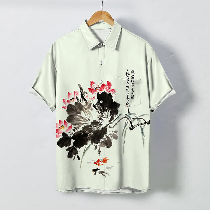 Buddha Stones Ink Lotus Koi Fish Pattern Buttons Breathable Men's Short Sleeve Shirt - MintCream - US/UK/AU48，EU58 (4XL) - image 3