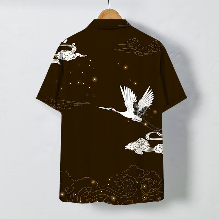 Buddha Stones Flying Crane Cloudwave Pattern Buttons Wrinkle-resistant Men's Short Sleeve Shirt - image 11