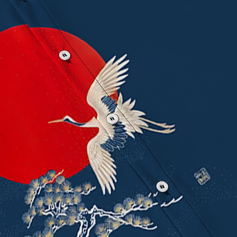 Buddha Stones Red Sun Crane Pine Pattern Buttons Wrinkle-resistant Men's Short Sleeve Shirt - image 3