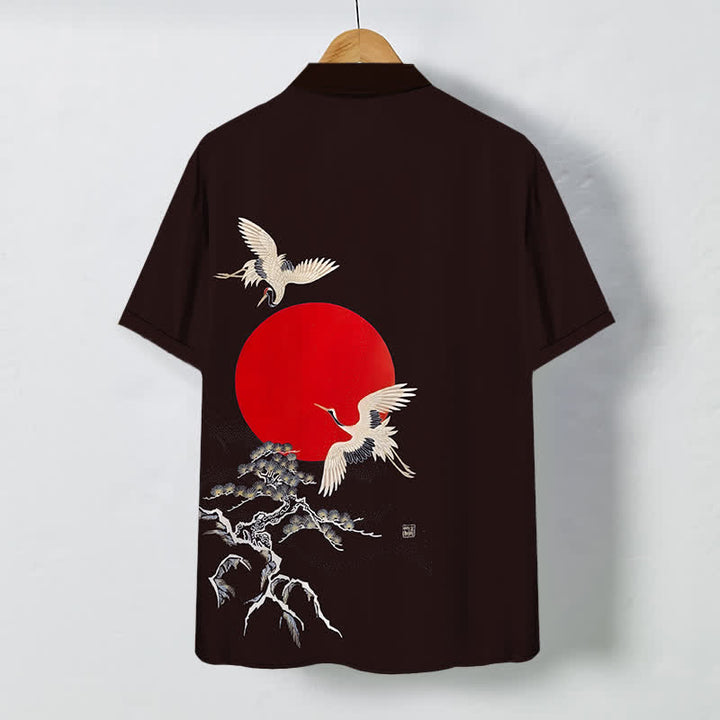 Buddha Stones Red Sun Crane Pine Pattern Buttons Wrinkle-resistant Men's Short Sleeve Shirt - image 11