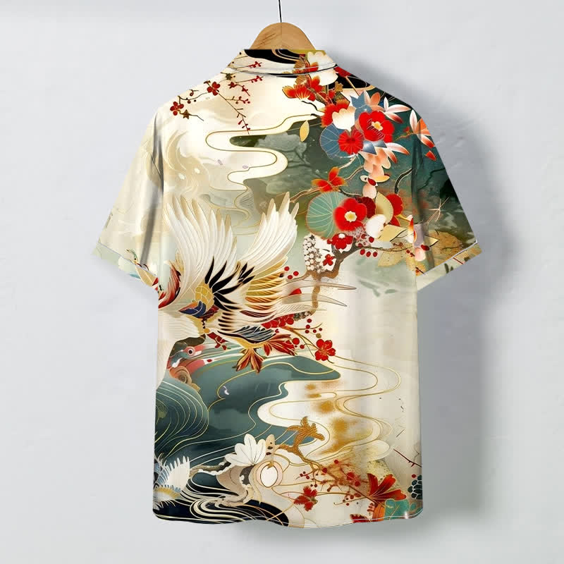 Buddha Stones Crane Wave Floral Pattern Buttons Breathable Men's Short Sleeve Shirt - image 1