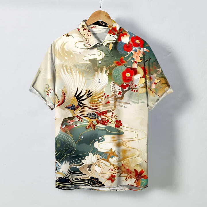Buddha Stones Crane Wave Floral Pattern Buttons Breathable Men's Short Sleeve Shirt - Linen - US/UK/AU48，EU58 (4XL) - image 0