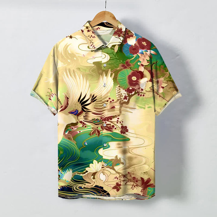 Buddha Stones Crane Wave Floral Pattern Buttons Breathable Men's Short Sleeve Shirt - Cornsilk - US/UK/AU48，EU58 (4XL) - image 6