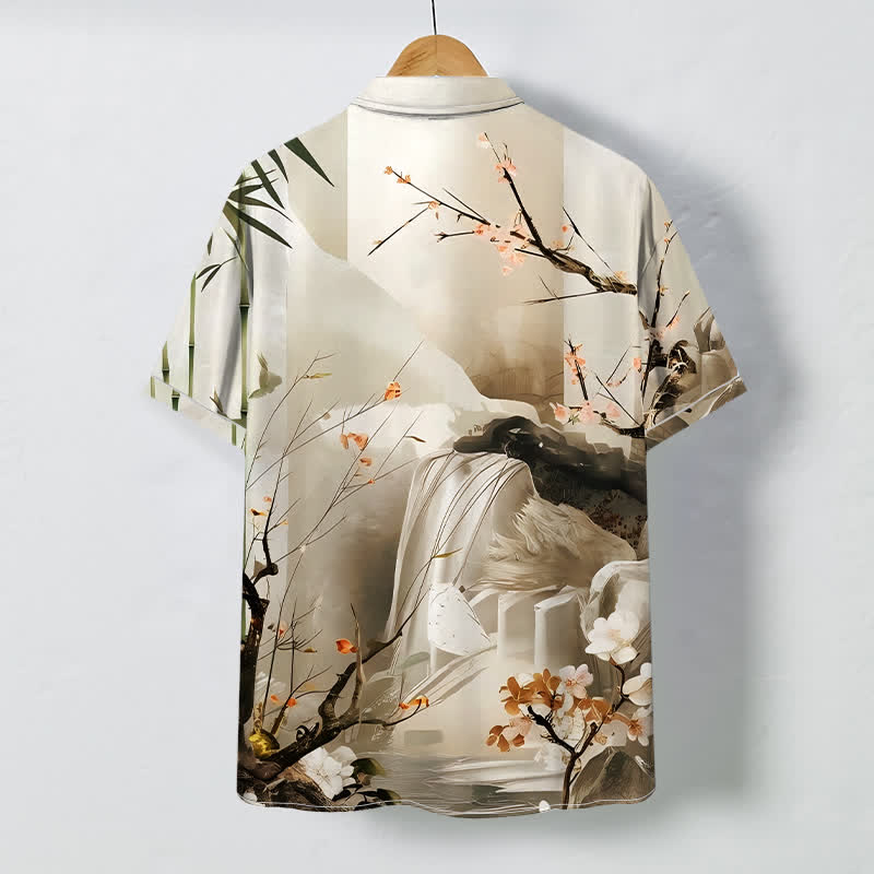 Buddha Stones Ink Landscape Crane Blossom Pattern Buttons Wrinkle-resistant Men's Short Sleeve Shirt - image 4