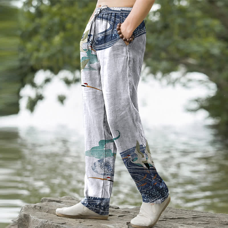 Buddha Stones Cotton White Crane Wave Pattern Men's Tapered Pants With Pockets - MintCream - US/UK/AU50，EU60 (5XL) - image 5