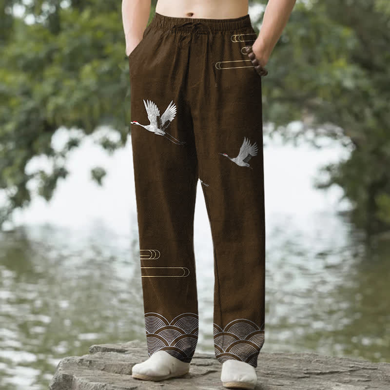 Buddha Stones Cotton White Crane Wave Pattern Men's Tapered Pants With Pockets - SaddleBrown - US/UK/AU50，EU60 (5XL) - image 6