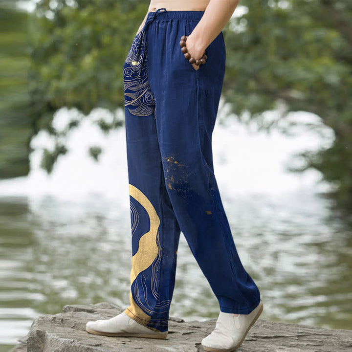 Buddha Stones Cotton Golden Dragon Wave Pattern Men's Tapered Pants With Pockets - image 5