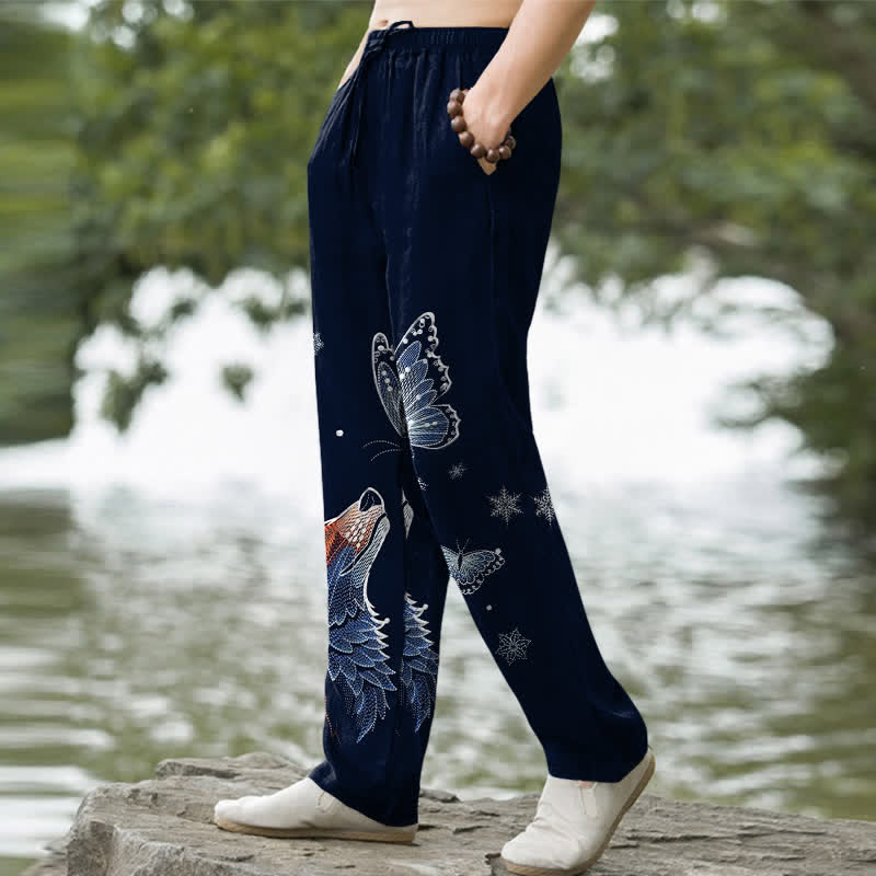 Buddha Stones Cotton Butterfly Fox Pattern Men's Tapered Pants With Pockets - image 5