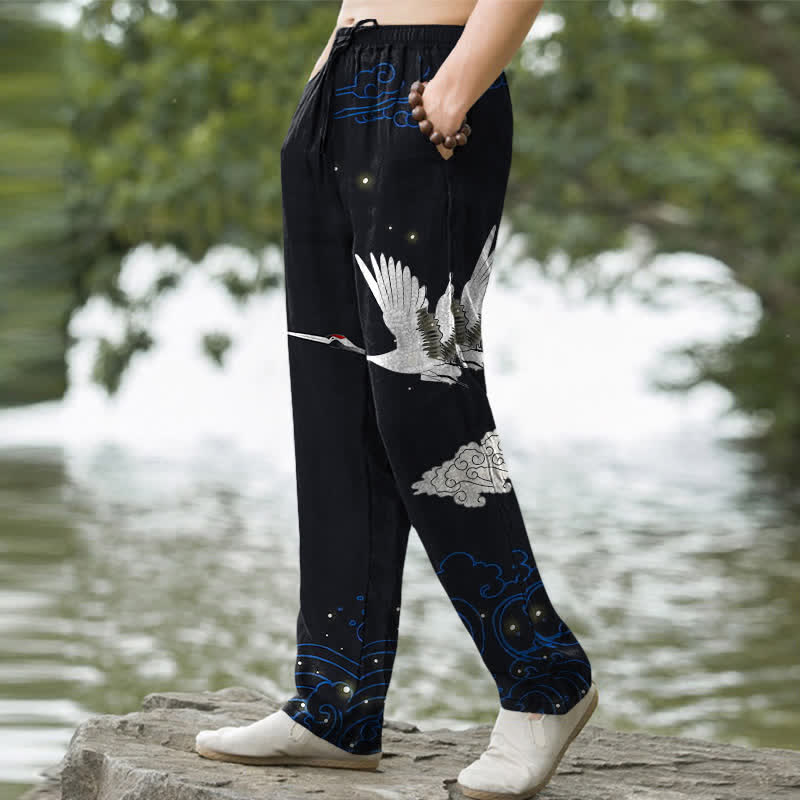 Buddha Stones Cotton Flying White Crane White Wave Pattern Men's Tapered Pants With Pockets - image 5