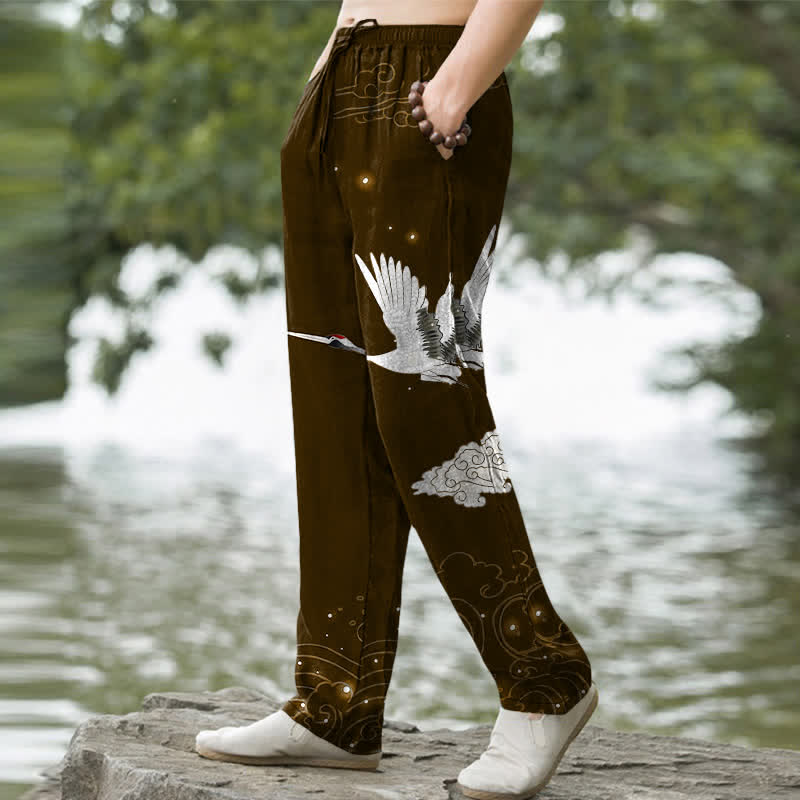 Buddha Stones Cotton Flying White Crane White Wave Pattern Men's Tapered Pants With Pockets - image 7