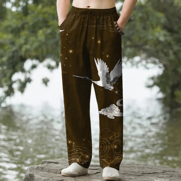 Buddha Stones Cotton Flying White Crane White Wave Pattern Men's Tapered Pants With Pockets - SaddleBrown - US/UK/AU50，EU60 (5XL) - image 6