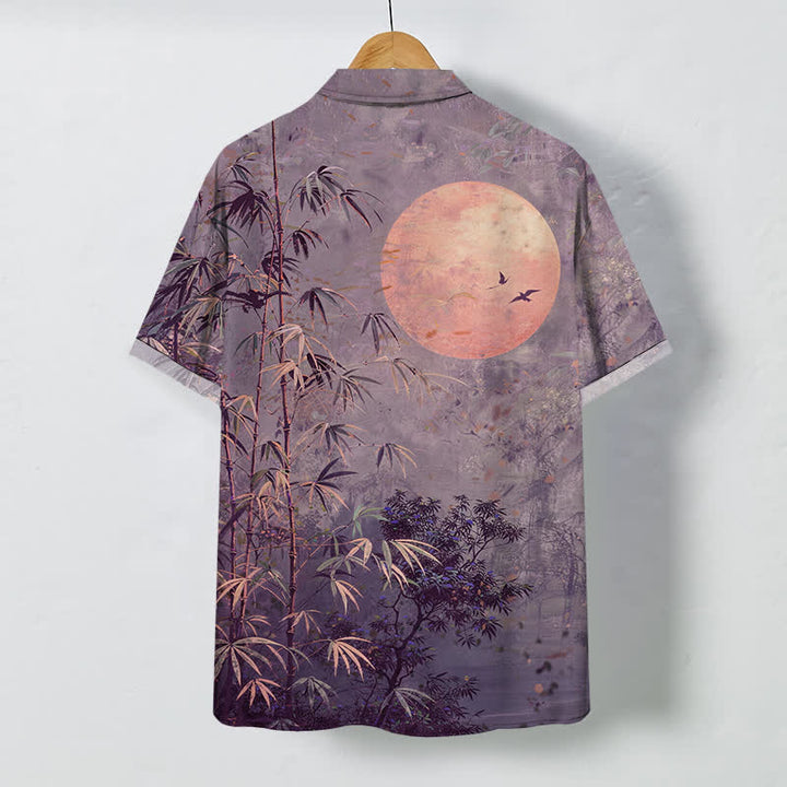 Buddha Stones Bamboo Moon Birds Pattern Buttons Breathable Men's Short Sleeve Shirt - image 6