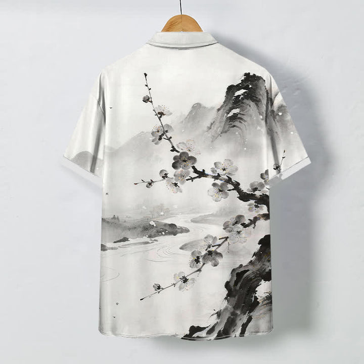Buddha Stones Ink Landscape Plum Blossom Pattern Buttons Wrinkle-resistant Men's Short Sleeve Shirt - image 1