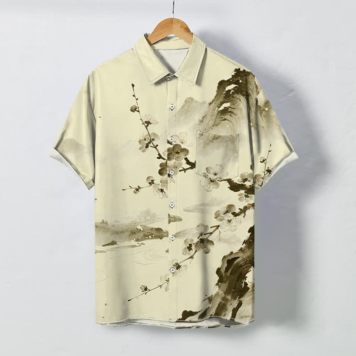 Buddha Stones Ink Landscape Plum Blossom Pattern Buttons Wrinkle-resistant Men's Short Sleeve Shirt - Cornsilk - US/UK/AU48，EU58 (4XL) - image 3