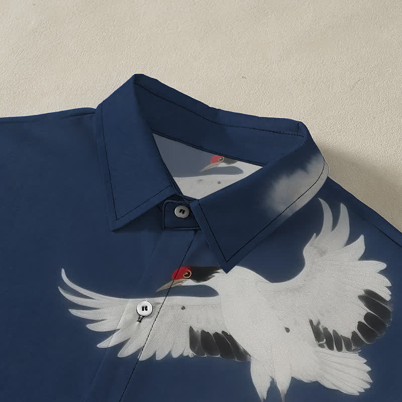 Buddha Stones Flying White Crane Cloud Pattern Buttons Wrinkle-resistant Men's Short Sleeve Shirt - image 2