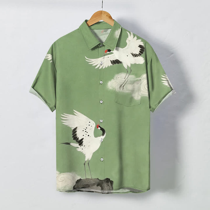 Buddha Stones Flying White Crane Cloud Pattern Buttons Wrinkle-resistant Men's Short Sleeve Shirt - LightGreen - US/UK/AU48，EU58 (4XL) - image 5