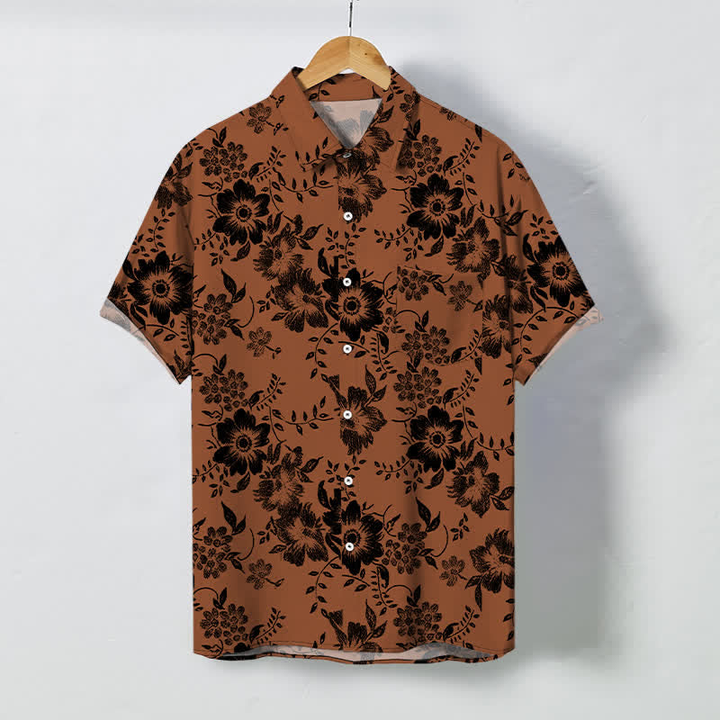 Buddha Stones Black Floral Pattern Buttons Wrinkle-resistant Men's Short Sleeve Shirt - Peru - US/UK/AU48，EU58 (4XL) - image 0