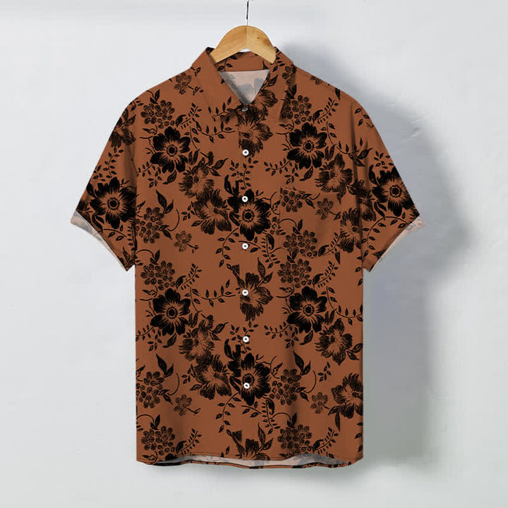 Buddha Stones Black Floral Pattern Buttons Wrinkle-resistant Men's Short Sleeve Shirt - Peru - US/UK/AU48，EU58 (4XL) - image 0