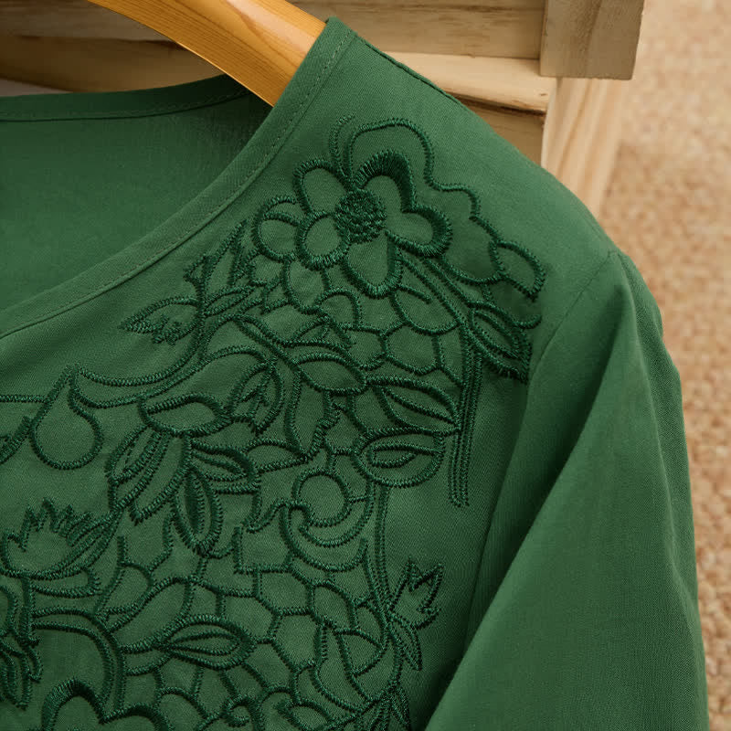 Buddha Stones Summer Vintage Embroidery V-Neck Button-Up Floral Women's Elbow-Length Sleeve Shirts - image 3