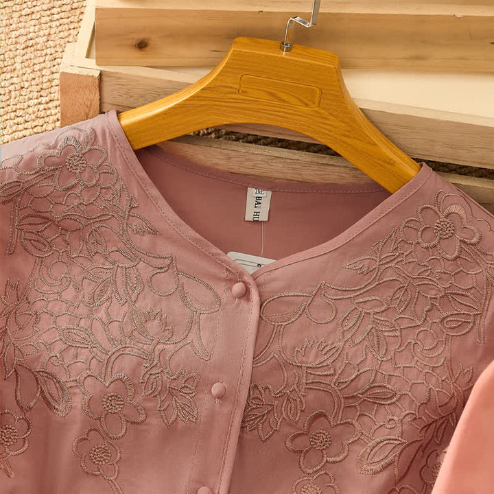 Buddha Stones Summer Vintage Embroidery V-Neck Button-Up Floral Women's Elbow-Length Sleeve Shirts - image 9