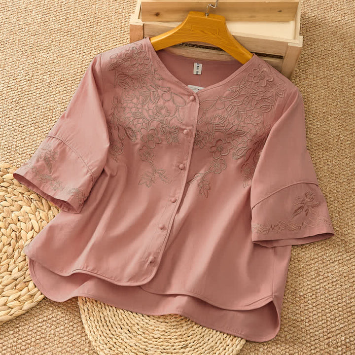 Buddha Stones Summer Vintage Embroidery V-Neck Button-Up Floral Women's Elbow-Length Sleeve Shirts - DarkSalmon - US8-10，UK/AU12-14，EU40-42 (2XL) - image 7