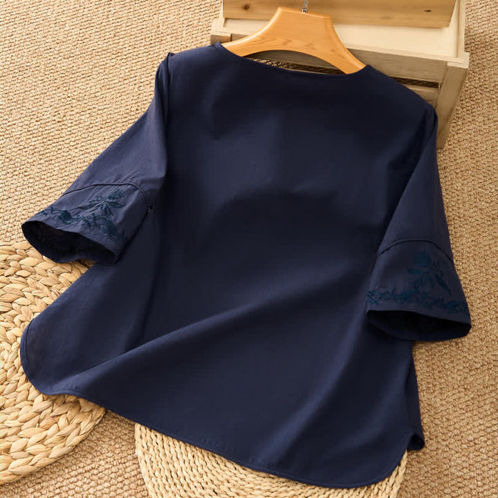Buddha Stones Summer Vintage Embroidery V-Neck Button-Up Floral Women's Elbow-Length Sleeve Shirts - image 15