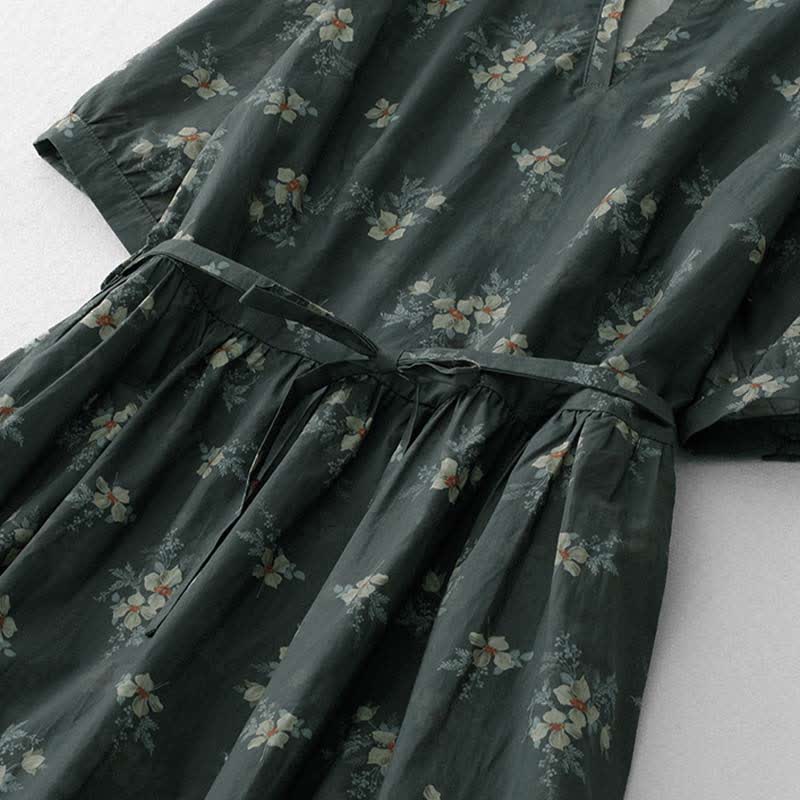 Buddha Stones Summer Vintage Drawstring Gray Floral Women's Short Sleeve Dresses With Pocket - image 6