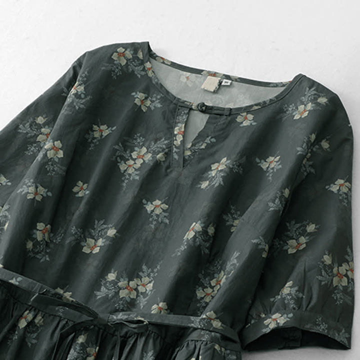 Buddha Stones Summer Vintage Drawstring Gray Floral Women's Short Sleeve Dresses With Pocket - image 3