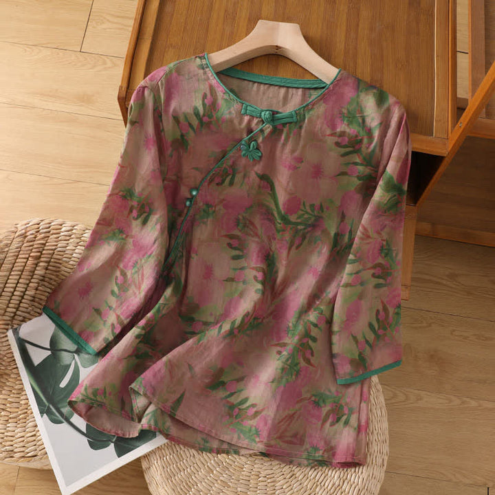 Buddha Stones Summer Tang Style Mandarin Collar Frog Button Floral Women's Three-Quarter Sleeve Shirts - PaleVioletRed - US8-10，UK/AU12-14，EU40-42 (2XL) - image 0
