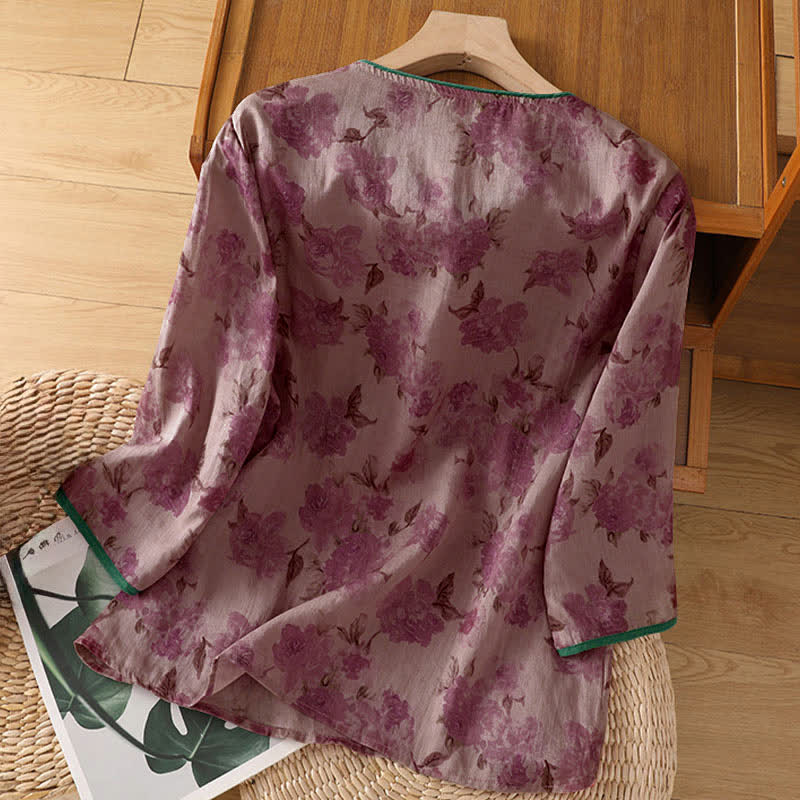 Buddha Stones Summer Tang Style Mandarin Collar Frog Button Floral Women's Three-Quarter Sleeve Shirts - image 8